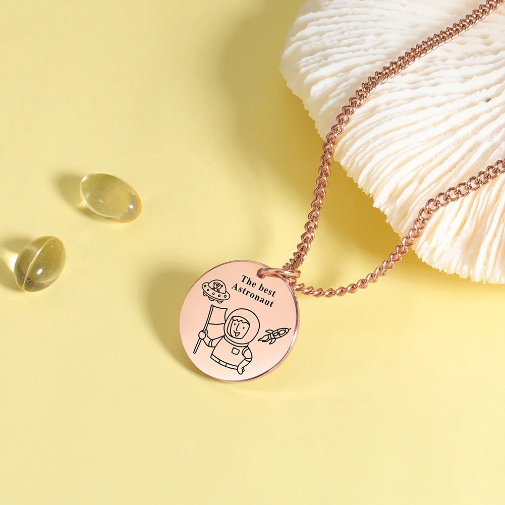 Women Layering Necklace 18K Gold Plated  Laser Engraving The best Astronaut Disc Necklace Cute Jewelry