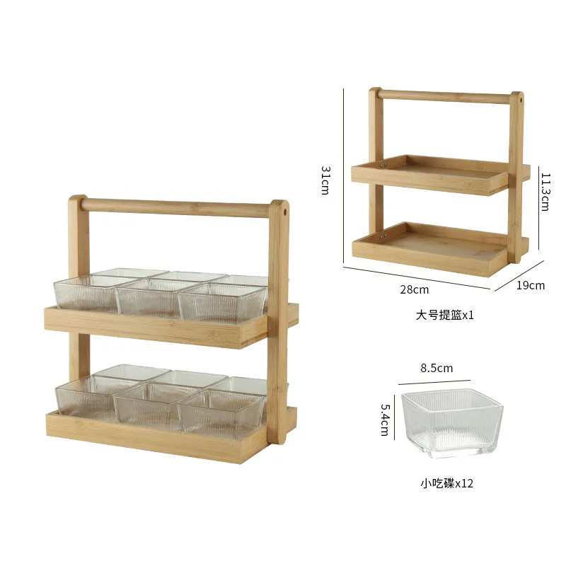 Japanese Simple Style Wooden Dried Fruit Tray 2 Tier Dry Fruit Ceramic White Snack Storage Bowl Glass Candy Snack Plate Set
