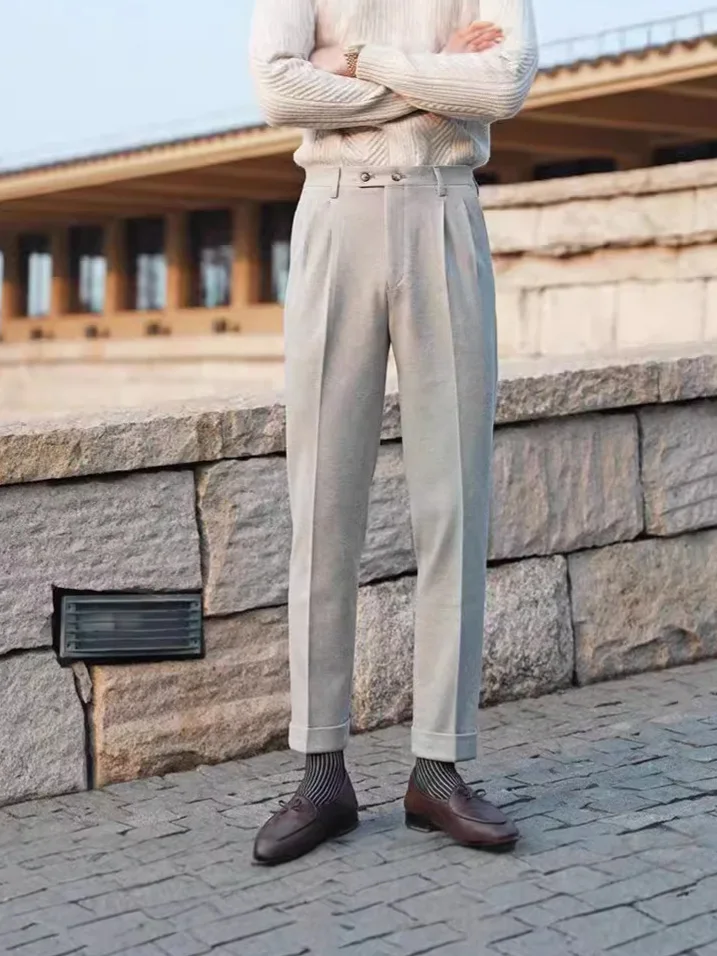 MCP054 Italian Style Mens Naples Trousers High Waist Side Buckle Pant Fitness Double Pleated Mens Business formal Pants