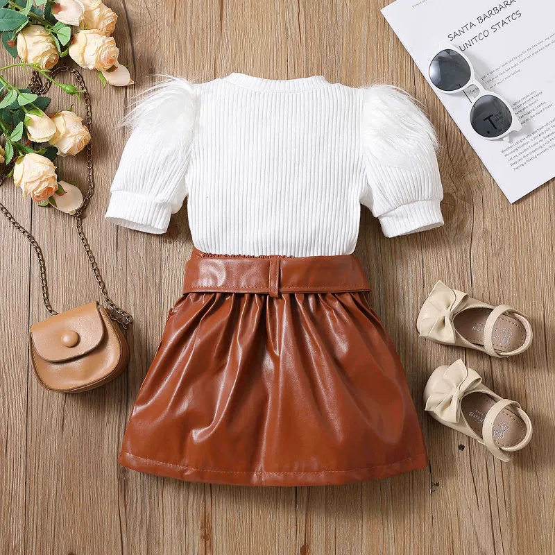 Summer Children Short Sleeve Ribbed Cotton White Tshirts Brown Leather Skirts Kids Suit for Girls