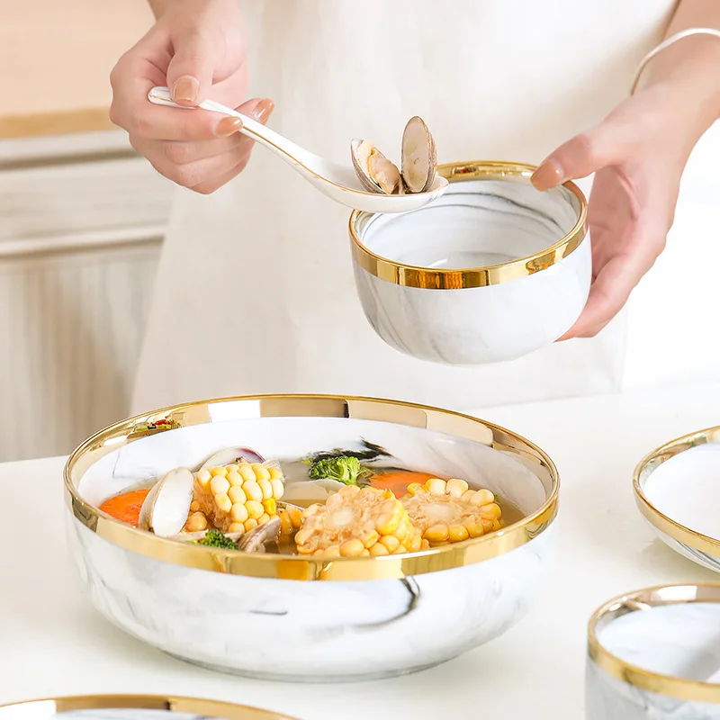 Gold marble dishes and plates set modern fine bone china porcelain ceramic luxury plates dinnerware sets for restaurant home