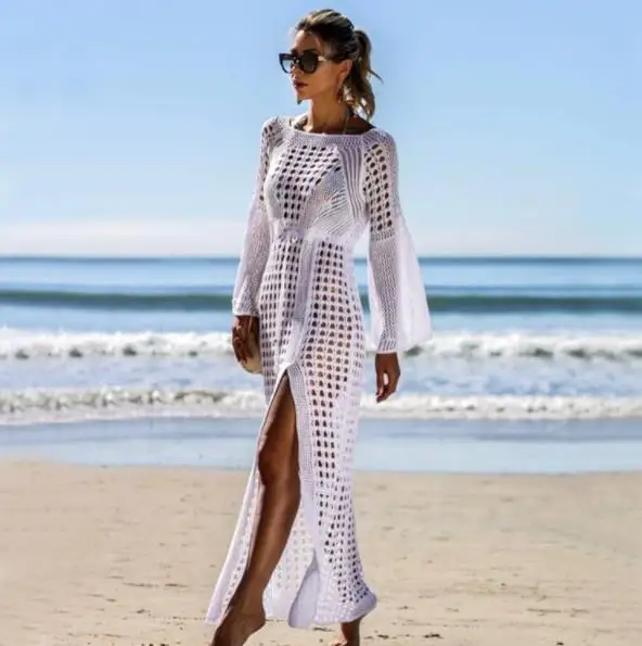 Womens Knitted Bikini Cover ups Bell Sleeve Hollow Out Beach Bathing Suit Long Maxi Dress Side Split Dresses