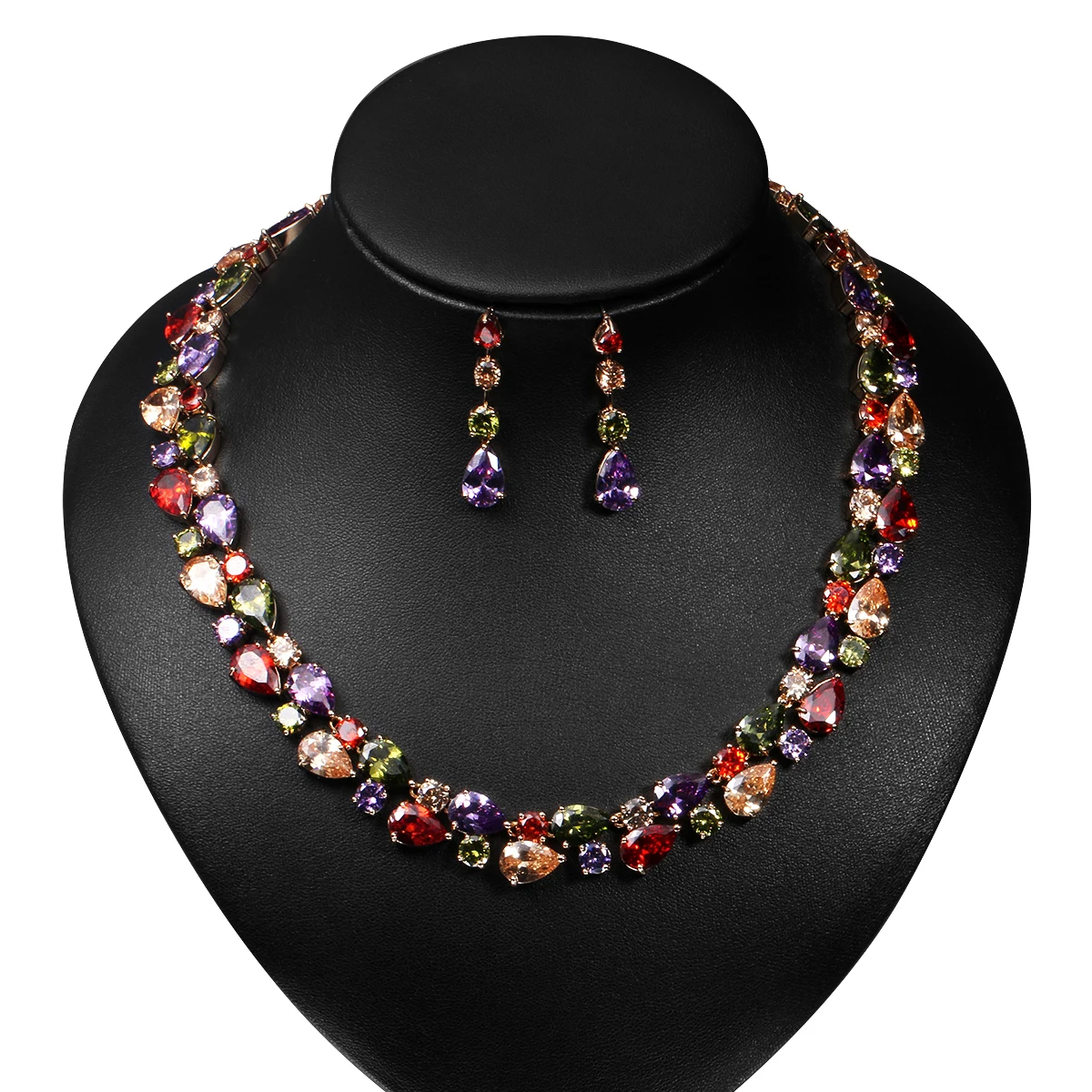 Rainbow Color Large Teardrop Cubic Zirconia CZ Crystal Necklace and Earrings Wedding Mona Lisa Jewelry Set