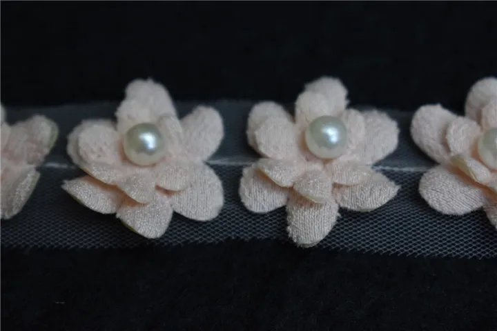 Wholesale chiffon 3d flower embroidery border lace with pearls