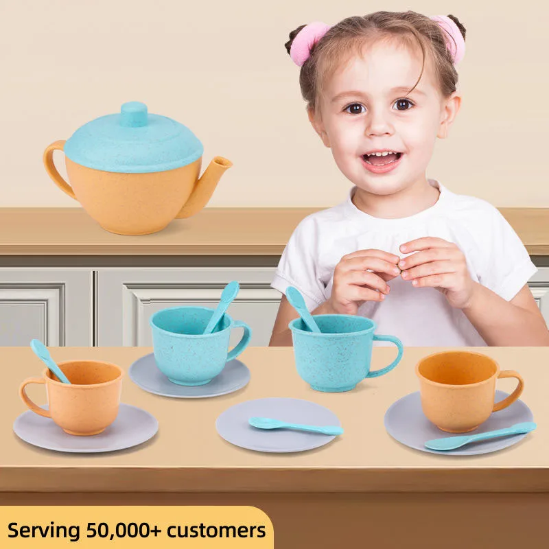 Leemook new 14 pcs wheat straw toy organic material recycled plastic kids tea set toy