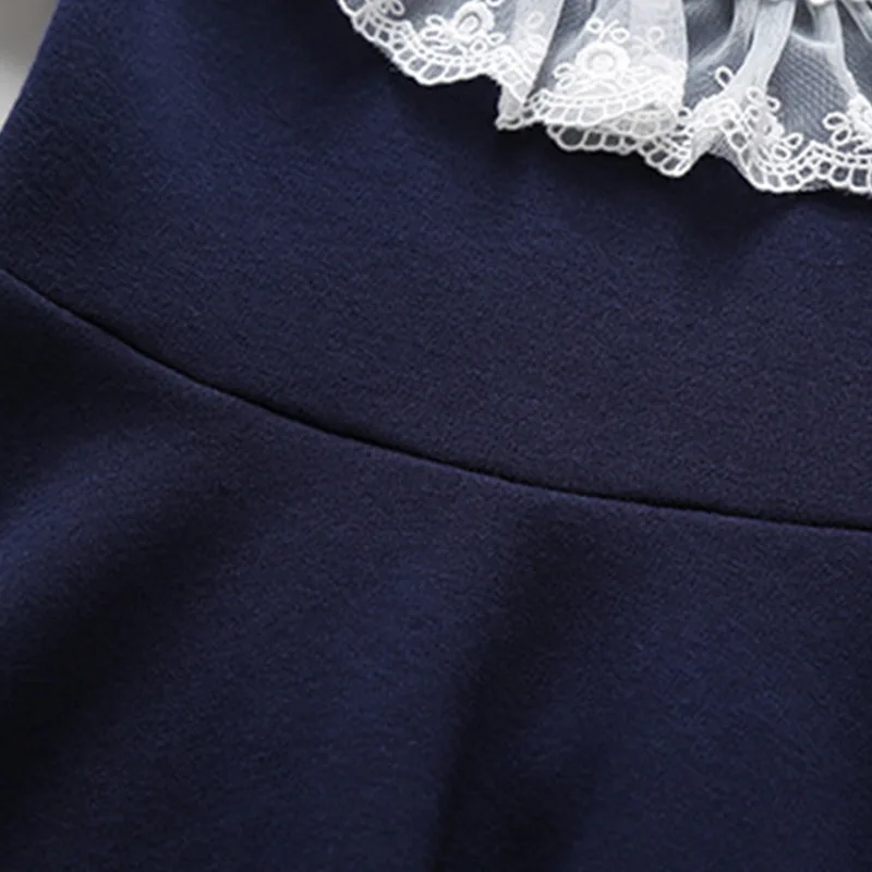 Autumn New Girls School Clothing Dress Baby Casual Dress Kids  Blue White Patchwork Clothes Children Long Sleeve lace Dress