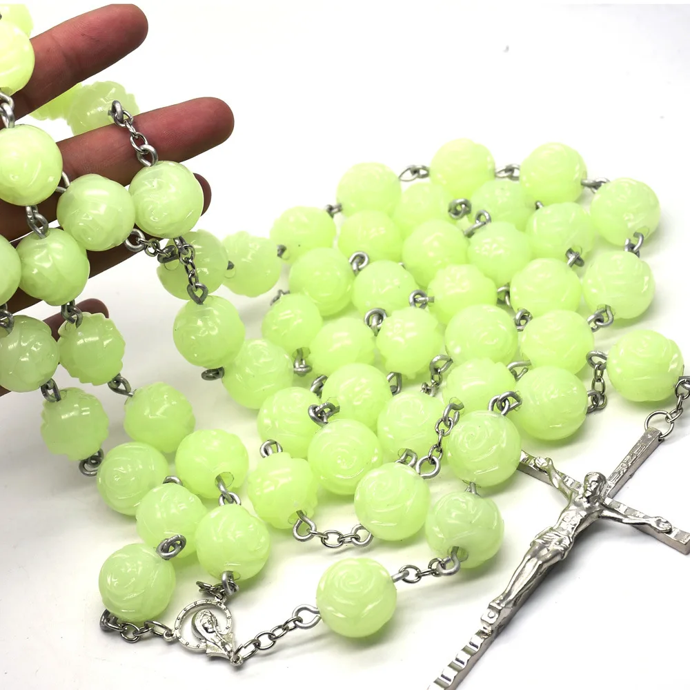 Brave Light Jewelry 20mm Big Luminous Rose Flower Rosary Necklace Wall Hangingn Decoration Catholic Wall Rosary Glow In The Dark
