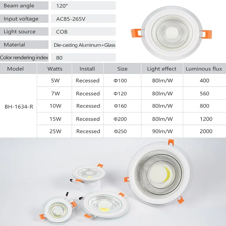 Indoor Hotel Home Office Lighting Recessed Mounted 5w 7w 10w 15w 25w 3 Color In One Down Light COB Ceiling Glass Led Downlight
