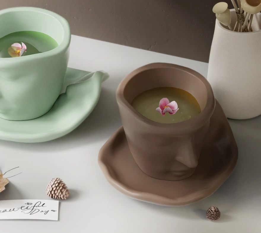 BSP70 3D face sculpture abstract art Thinker Plaster Clay Face silicone coffee cup and saucer set silicone molds