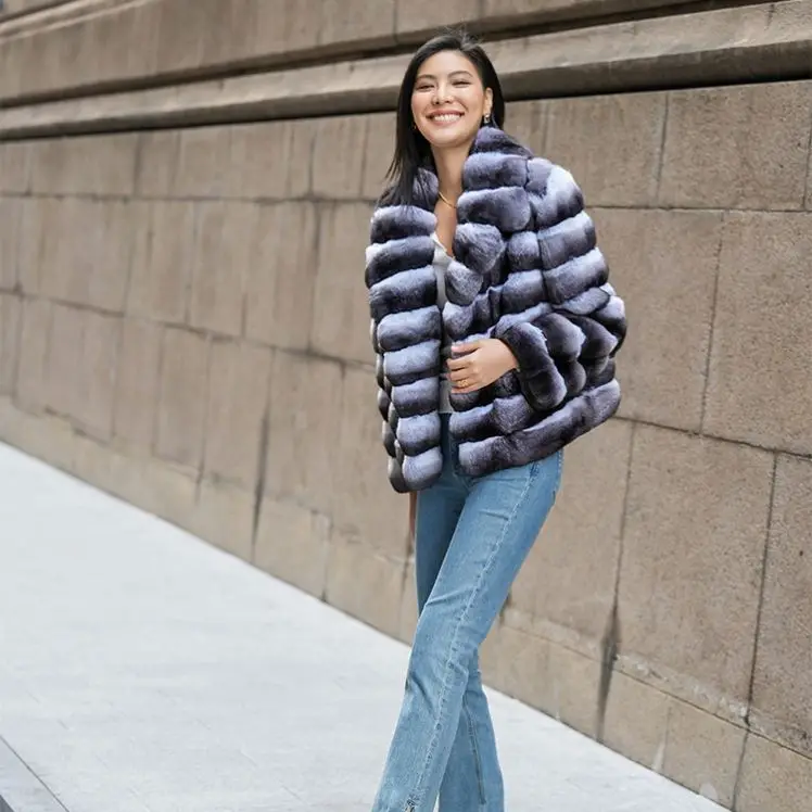 Factory Direct sales High Quality Chinchilla Color Genuine Chinchilla Skin Women Ladies Winter Fluffy Genuine Rabbit Fur Coats
