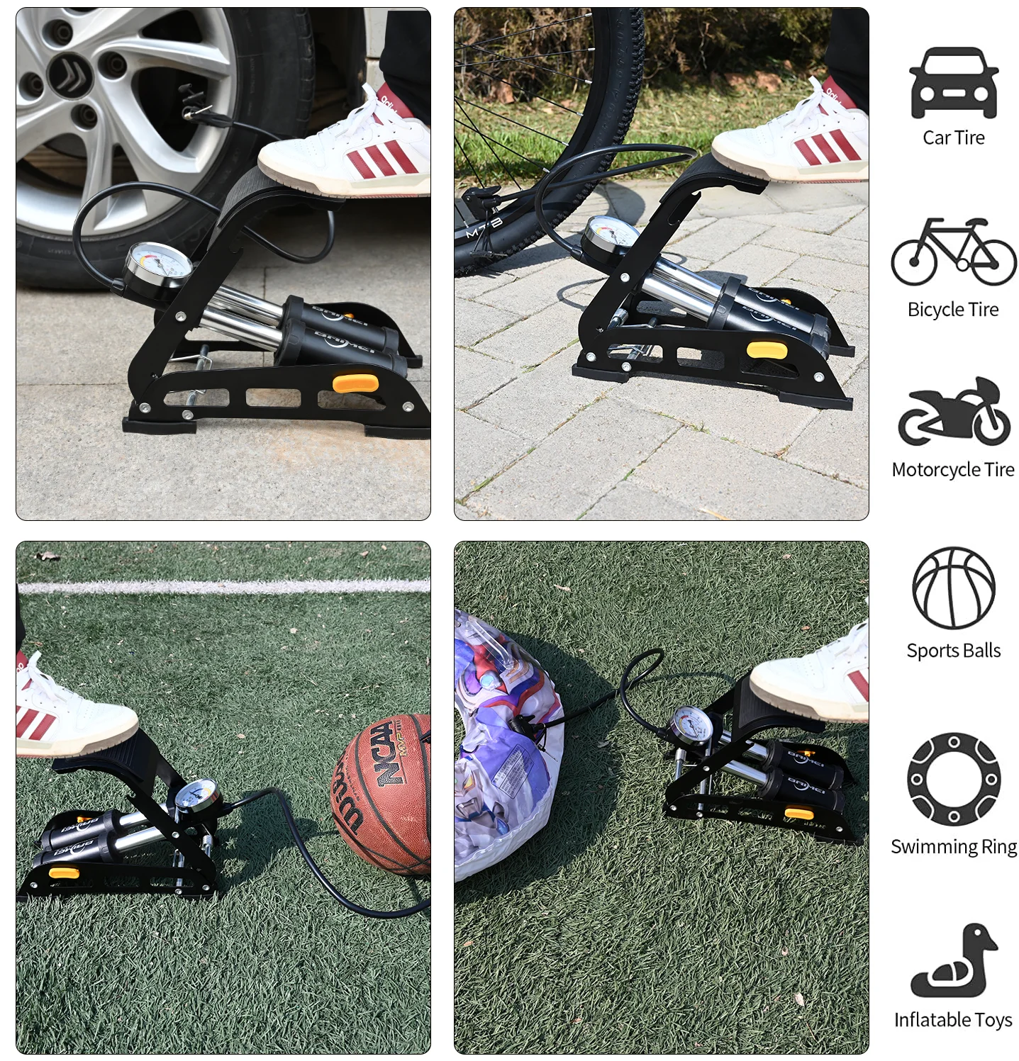 The factory directly supplies Baimei foot-on high-pressure double-barrel pump, convenient car, motorcycle, bicycle, household
