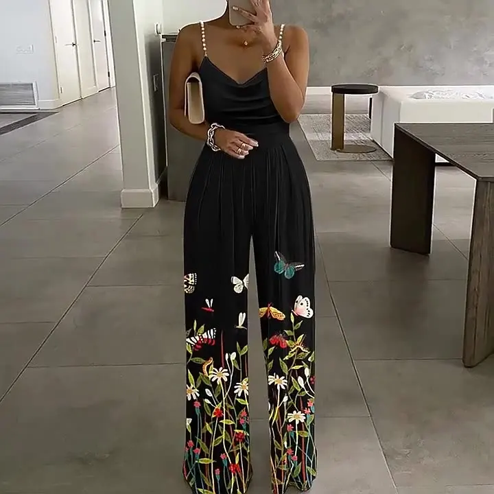 2022 New Fashion Sling Women Sleeveless Sling Print Loose Jumpsuit Summer Onesie Pants Jumpsuit One Piece Pants Casual Bodysuit