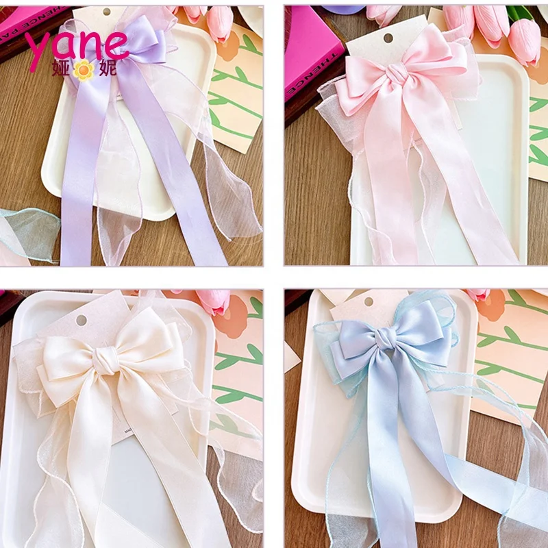 Girls long ribbon bow knot hair clip solid color double layer bowknot hair accessories