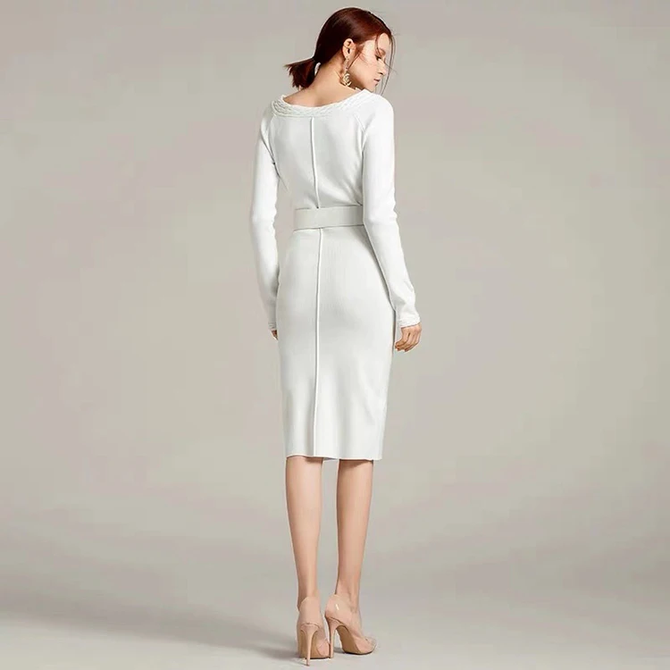 Autumn Turtle Neck Black White Knit Midi Dress Long Sleeves Work Office Lady Women Career Dresses