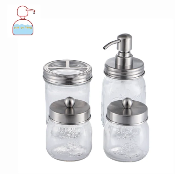 
4oz 16oz Clear Bathroom Accessories Sets of 4pcs Cotton Storage Glass Mason Jar lid Toothbrush Holder 