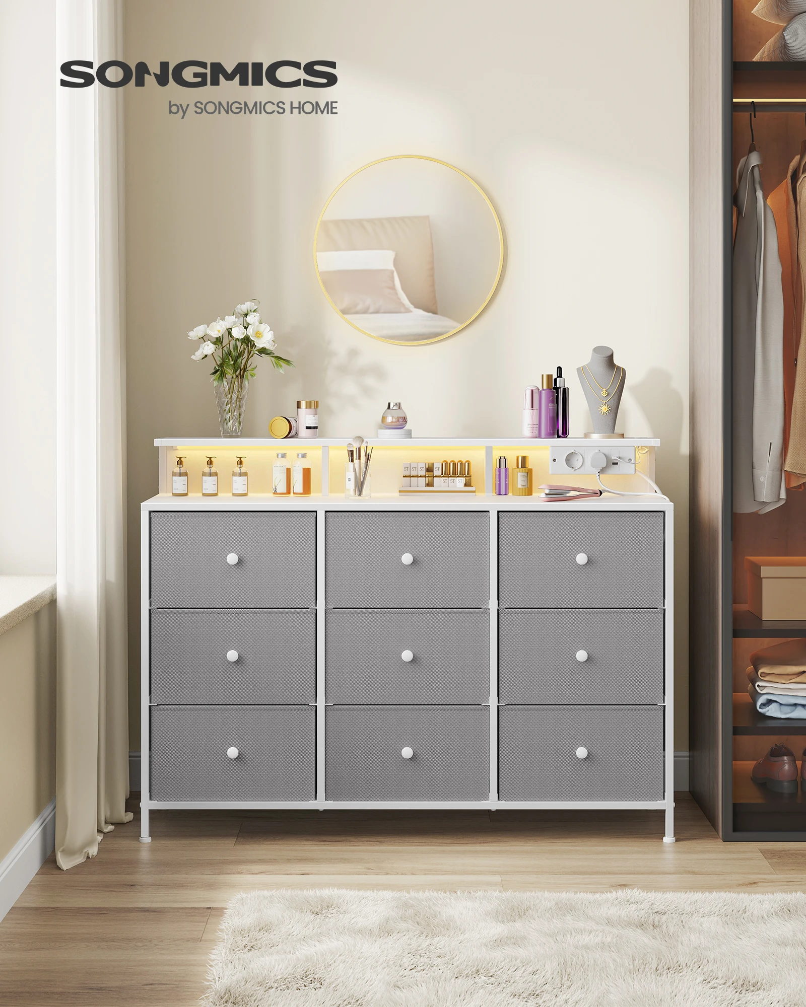 SONGMICS Charge Vertical Customizable Chest of Drawers with LED lights Modern 9-Drawer Fabric Storage Tower Dresser