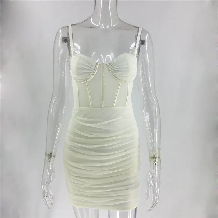 Mesh Summer Dress Ruched Spaghetti Strap Party Dress Women Backless Strapless Sexy Mini Dresses Pleated Clothes Vestidos
