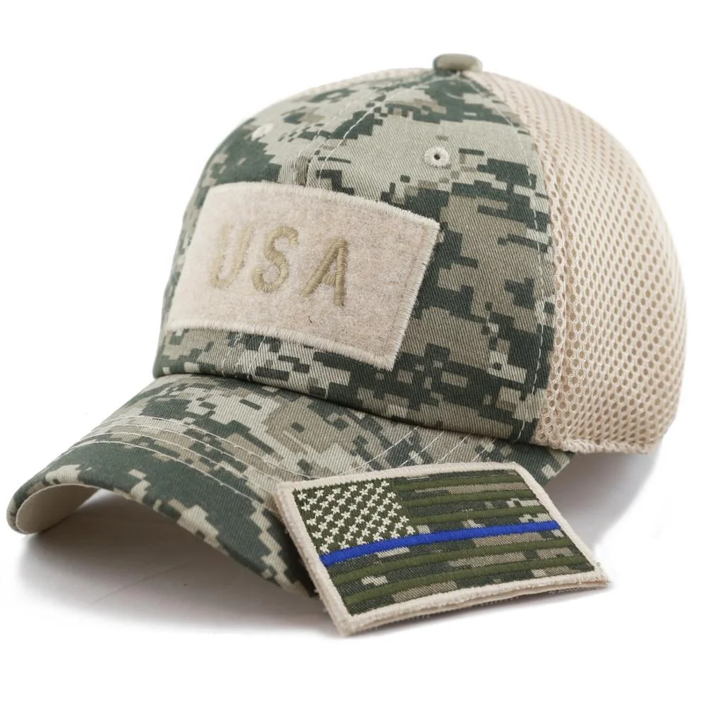 Tactical Embroidery Patch Trucker Cap Operator with USA Flag Camouflage Hoop Loop Closure Mesh Baseball Cap