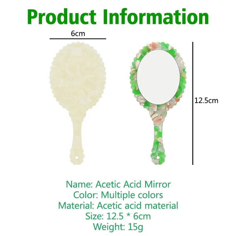 Fashion Retro Cellulose Acetate Mirror Plate Oval Flower Shape Portable Makeup Mirror Long Handle Tortoise Shell Pocket Mirror