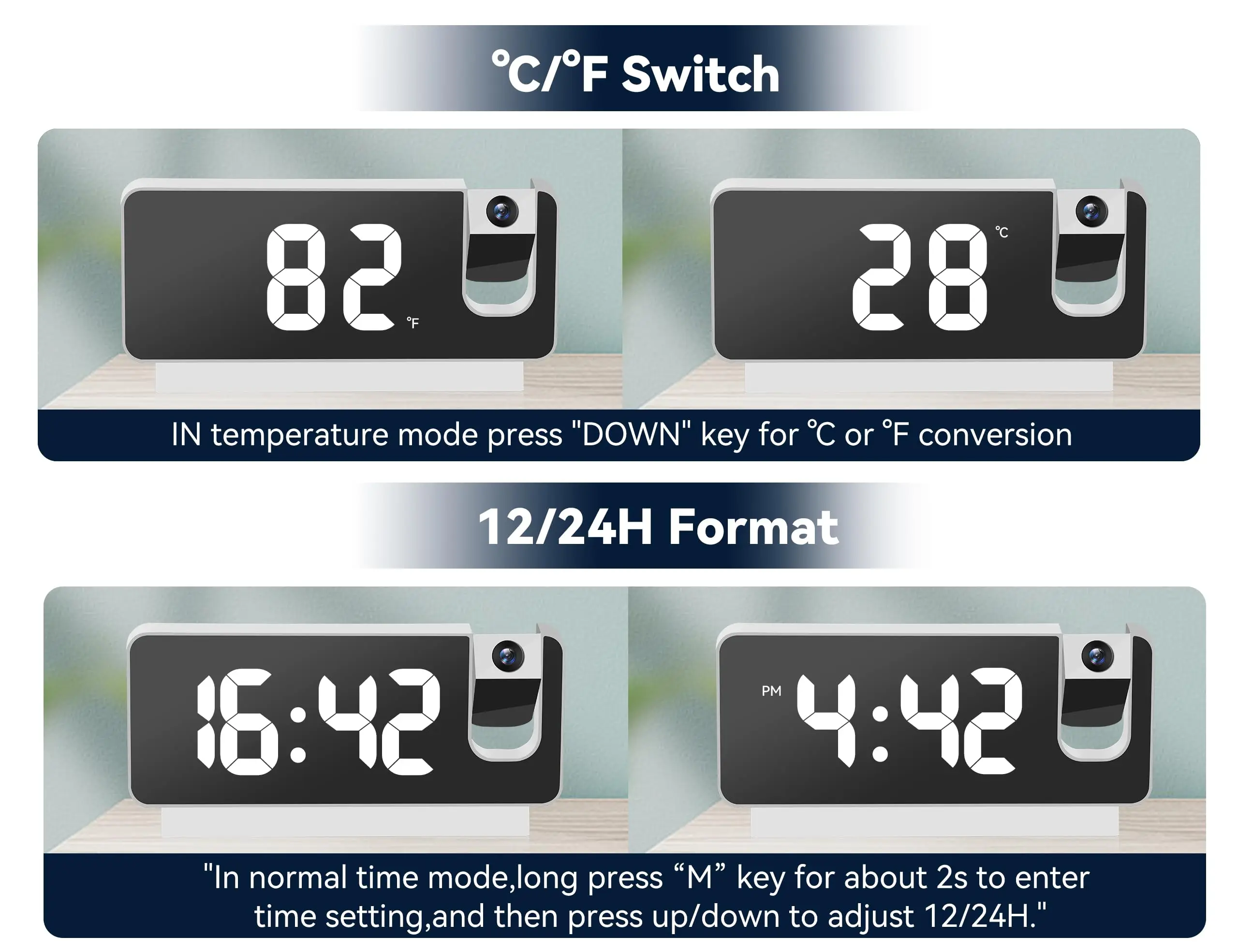 Projection Alarm Clock for Bedrooms LED Digital Clock with  Projector on Ceiling Wall Snooze Brightness Temperature