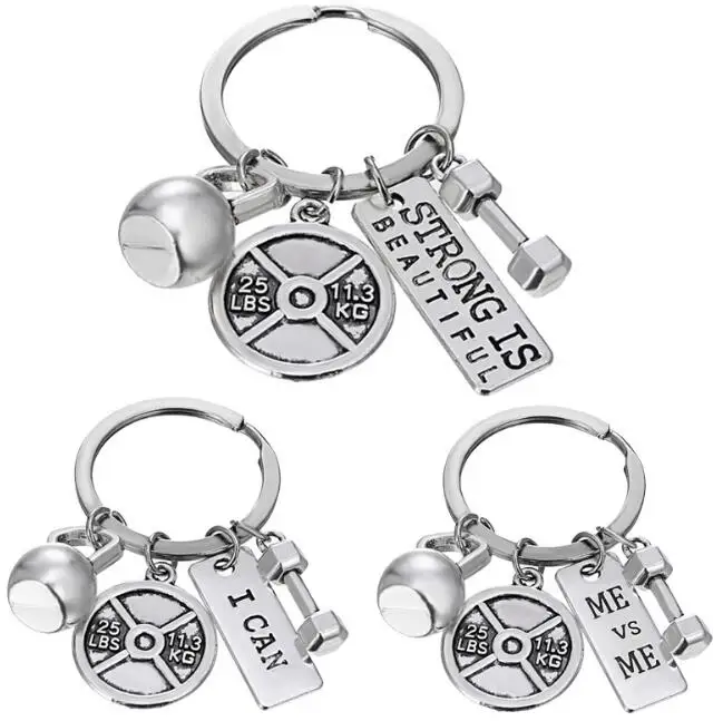 Factory Price Strong is Beautiful Dumbbell Sport Motivation Inspiration Metal Keychain
