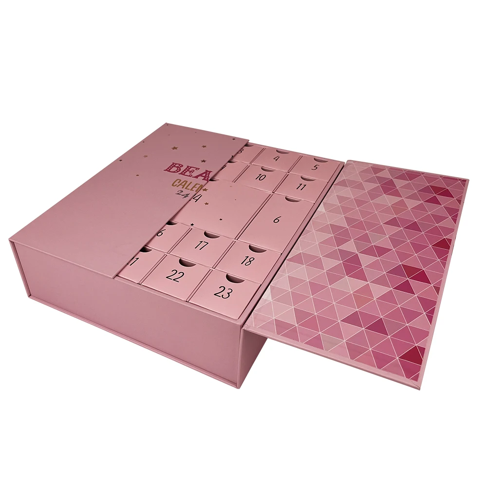 Custom Logo Advent Calendar Box Christmas Cosmetic Countdown Gift Box 24 Drawers Makeup Advent Calendar Box Costume 24 Days Pink