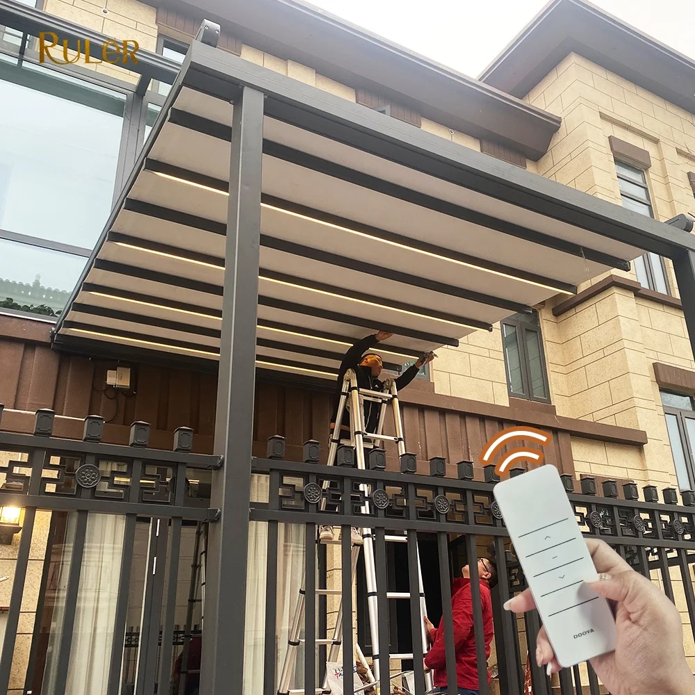 Motorized Waterproof PVC Roof Canopy Patio Roof Awning Retractable Pergola With Led Strip Lights