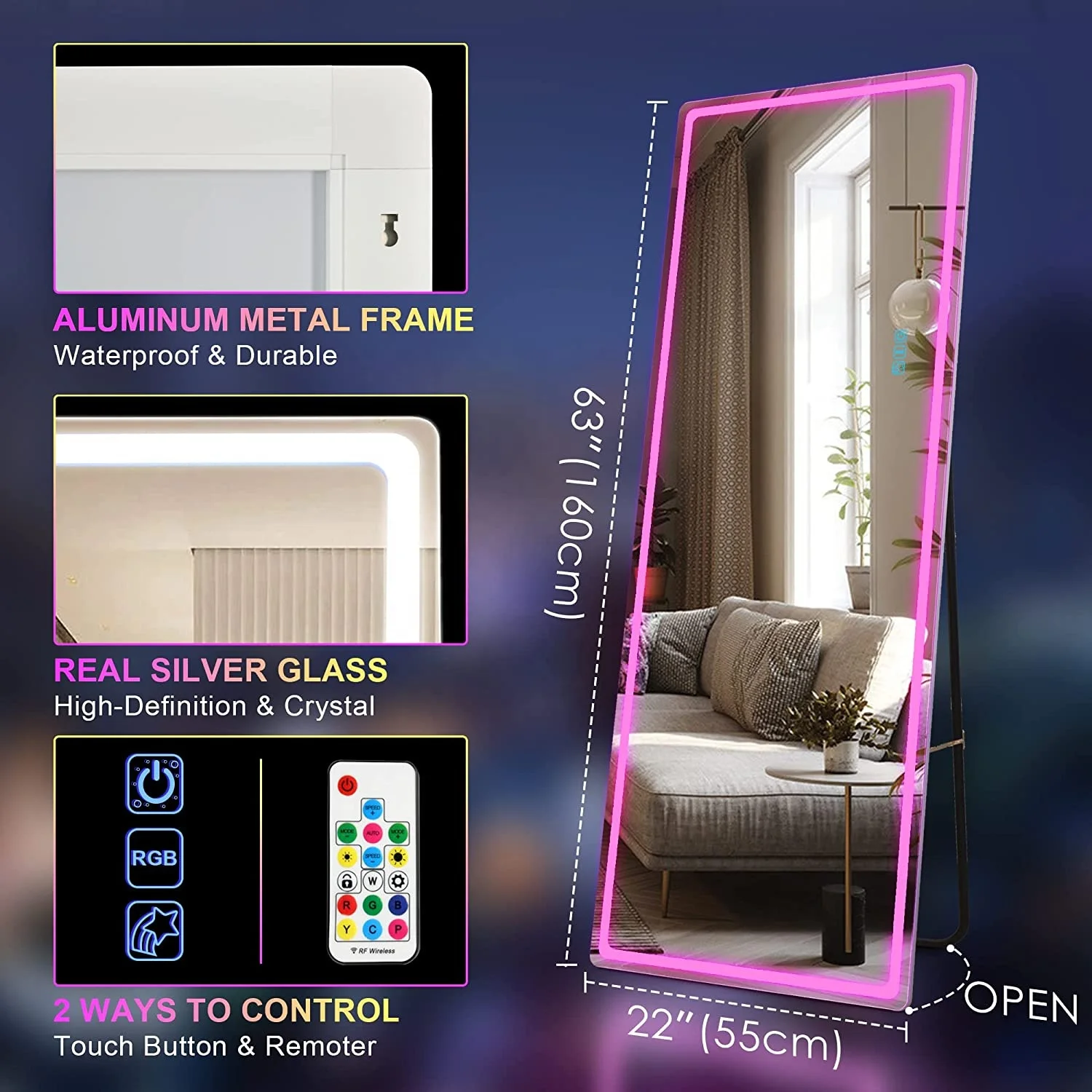 RGB LED Mirror Free Standing Floor Wall Mounted Hanging Full Body Lighted Full Length Mirror with Lights