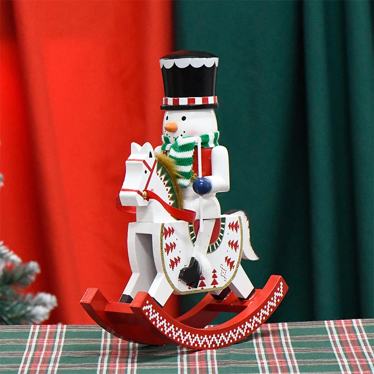 30cm Red Wooden Nutcracker Snowman Watermelon Head White Rocking Horse Puppet Christmas Tabletop Ornament For Children Gift