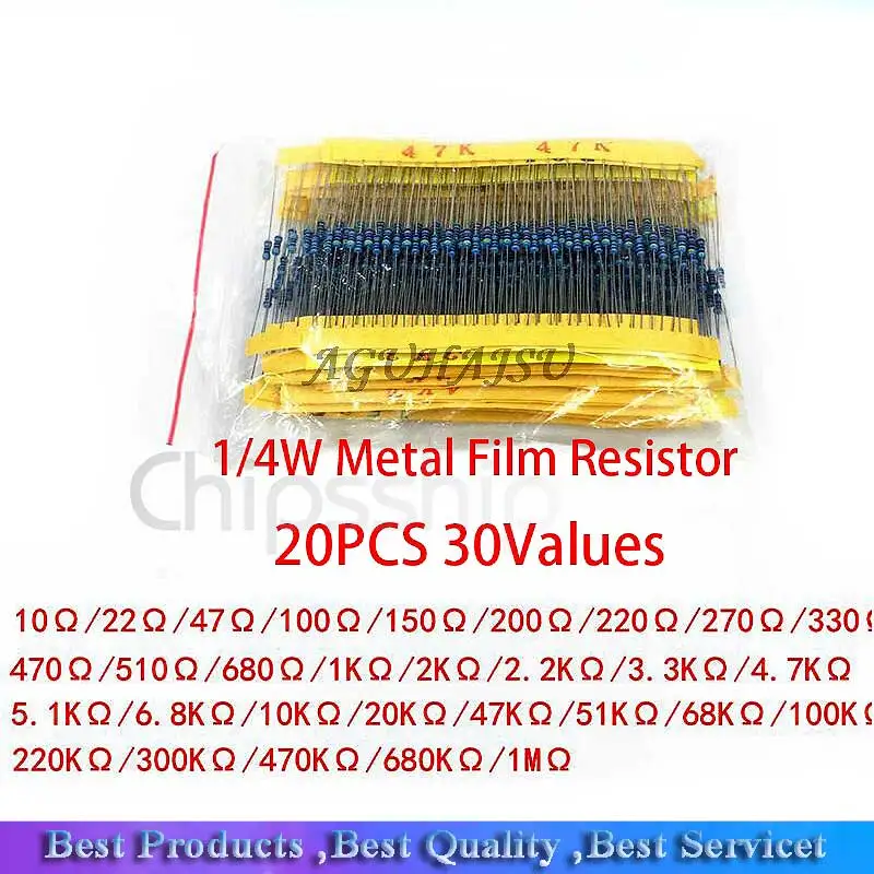 600Pcs 1/4W 1% 20PCS 30Values Metal Film Resistor Assortment Kit Set pack electronic diy kit resistor
