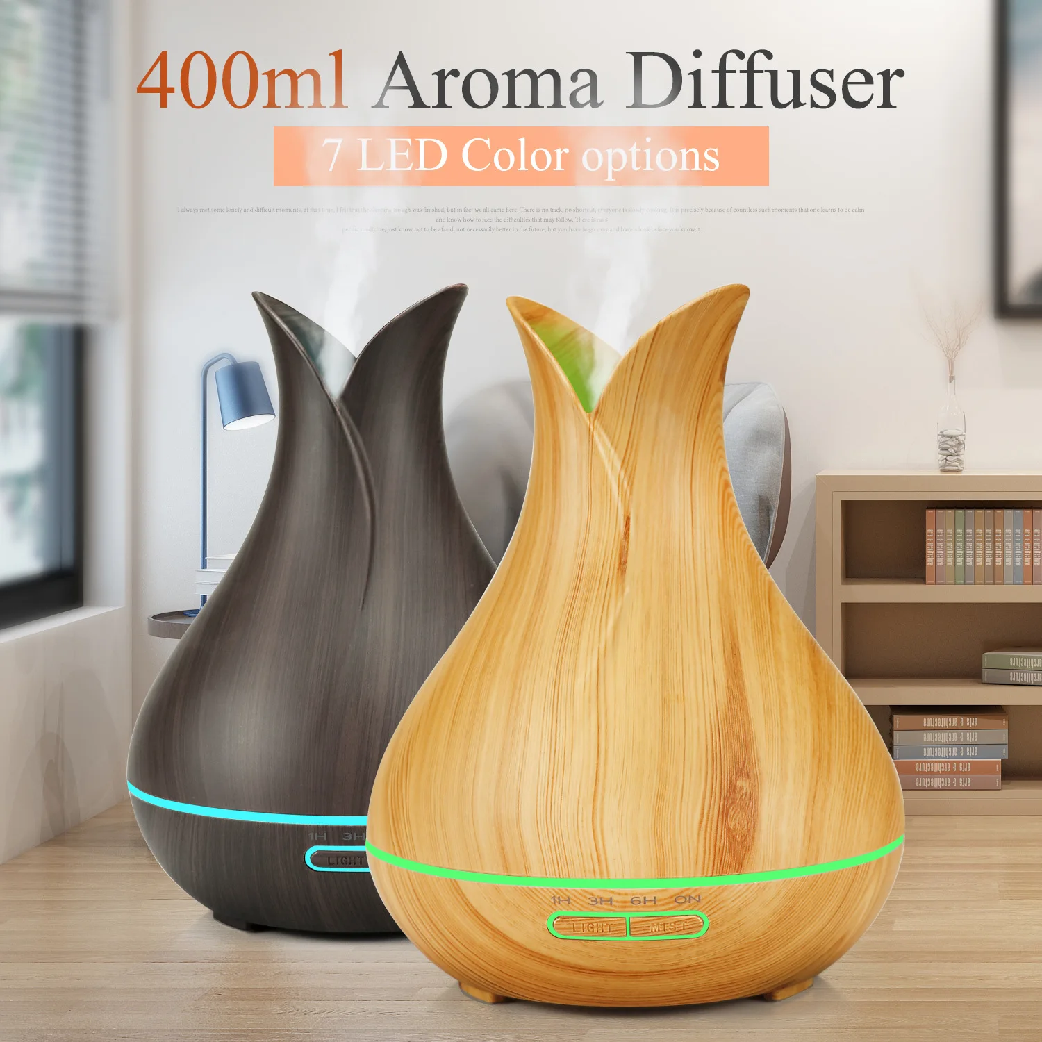 
400ml Aroma Essential Oil Diffuser Ultrasonic Air Humidifier with Wood Grain vase 7 Color Changing LED Lights for Office Home 