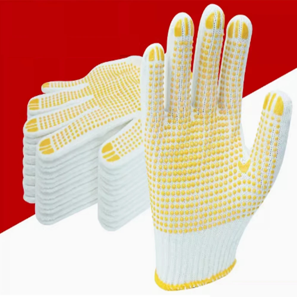 Оптовая продажа, поставка от производителя, строительные резиновые перчатки из ПВХ в горошек, белые рабочие хлопчатобумажные перчатки