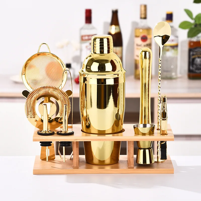 Bulk Cheap Mixology Bartending Kit Bartender With Stand Stainless Steel Drinkware Bar Tool Set Holder Stand for Bar Lounge Party