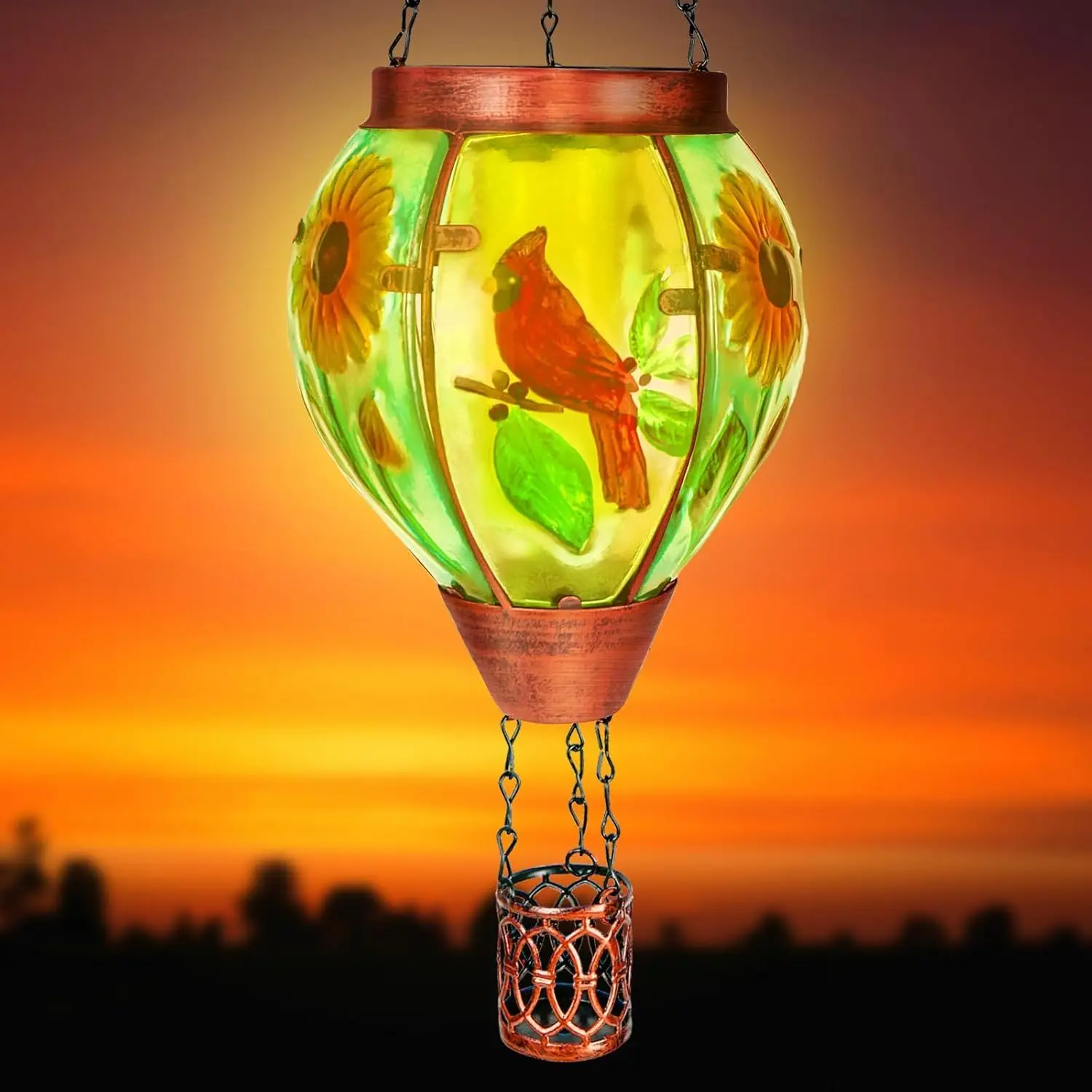 Solar Hot Air Balloon Lantern with Flame Cardinal Glass Outdoor Garden Hanging Solar Lights