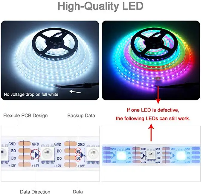 12V WS2815 LED Strip Light Pixel Strip RGB 16ft with 300 Leds PVC White IP67 4 PIN Smart Strip Lights High Quality Cheap Price