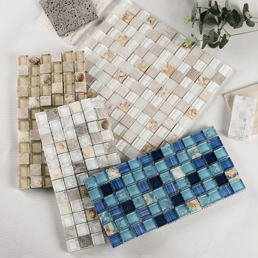 Bluwhale Tile Wholesaler Bathroom Stone Conch Resin Mix Blue Square Glass Swimming Pool Mosaic Tile Pool Mosaic Crystal
