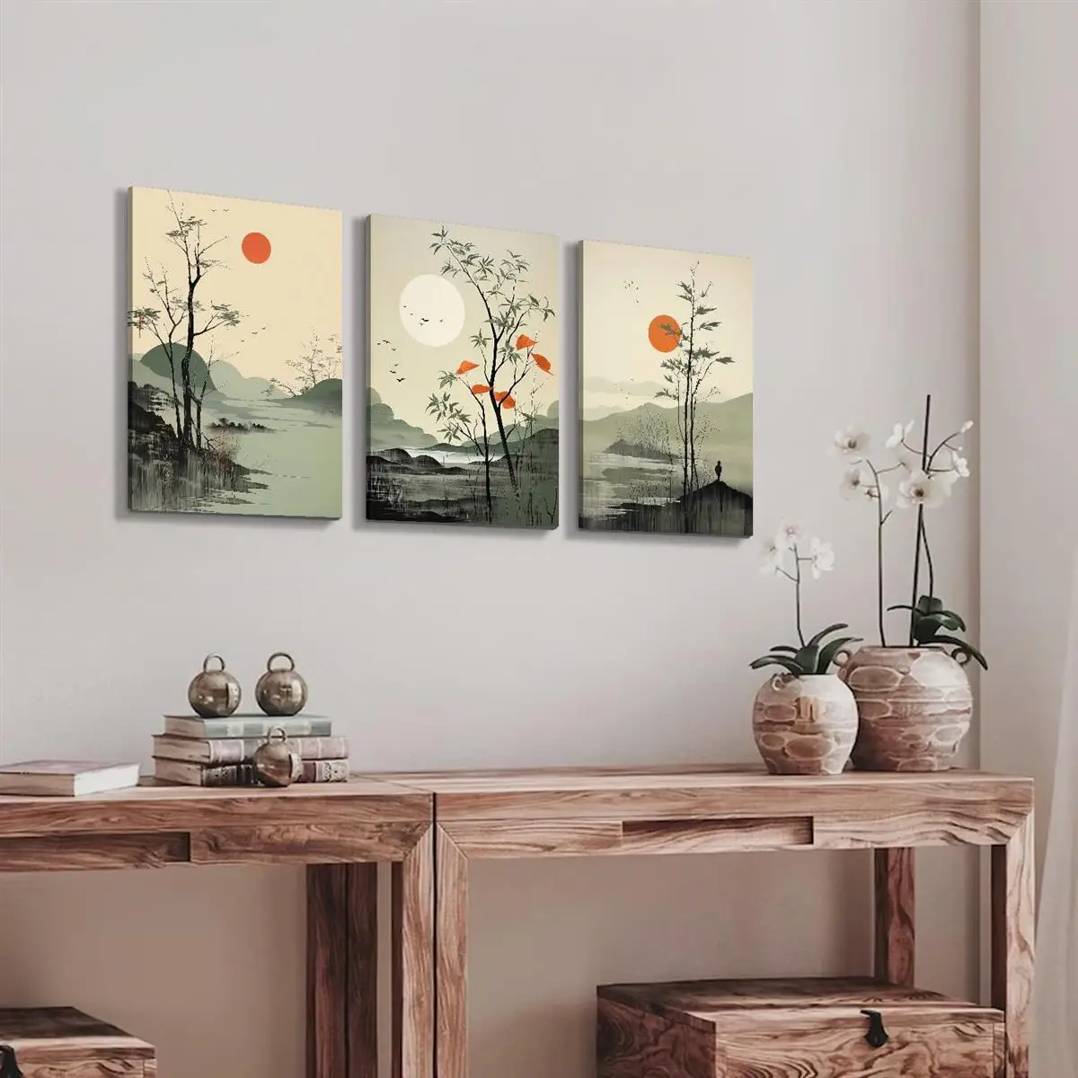 3 Piece Canvas Wall Art Set Art Decor Modern Classic Style Ink Landscape Painting Prints Canvas Pine Frame