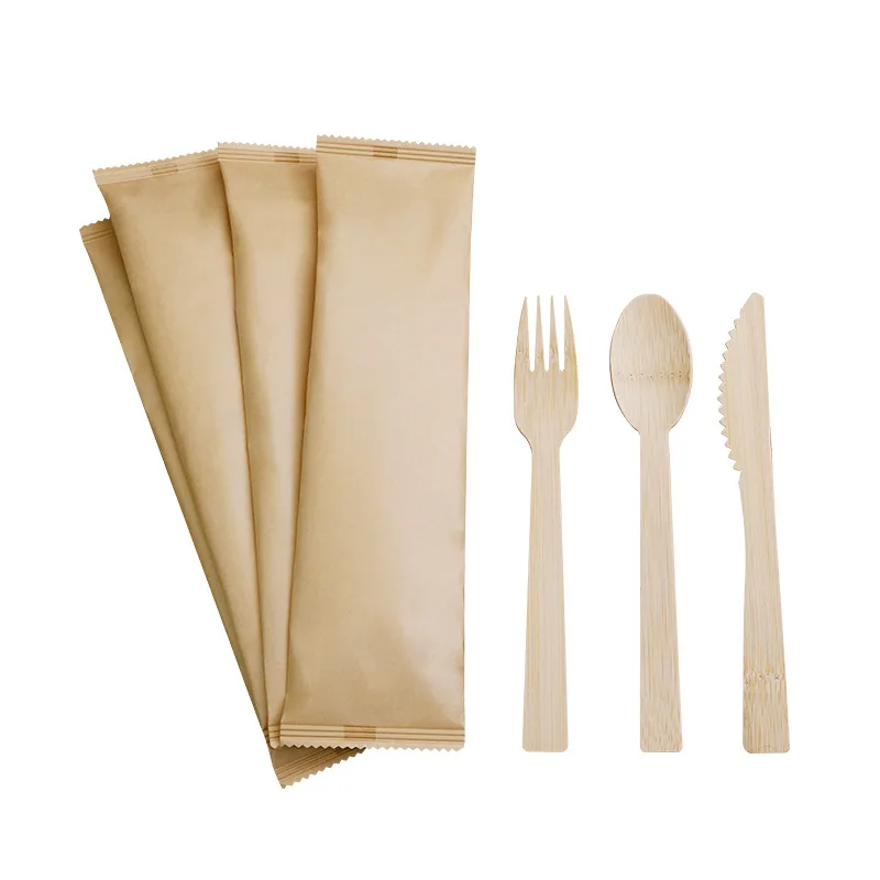 Eco-friendly disposable bamboo knife, fork and spoon cutlery wholesale steak knife, fork and chopsticks takeaway cutlery pack