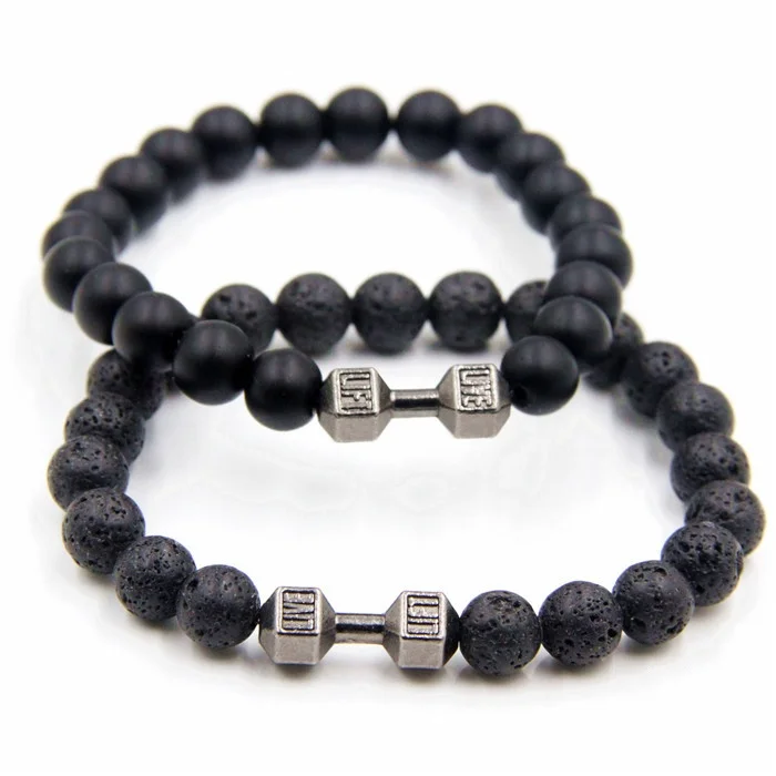 Hot Casual Sporty Volcanic Stone Turquoise Obsidian Beaded Bracelets Silver Gold Alloy Dumbbell Elastic Bracelets