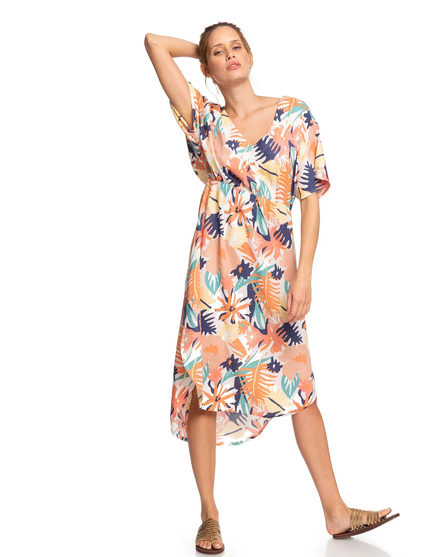 New Arrival Summer V Neck Short Sleeves Tropical Print High Waist Rayon Midi Long Dress For Women