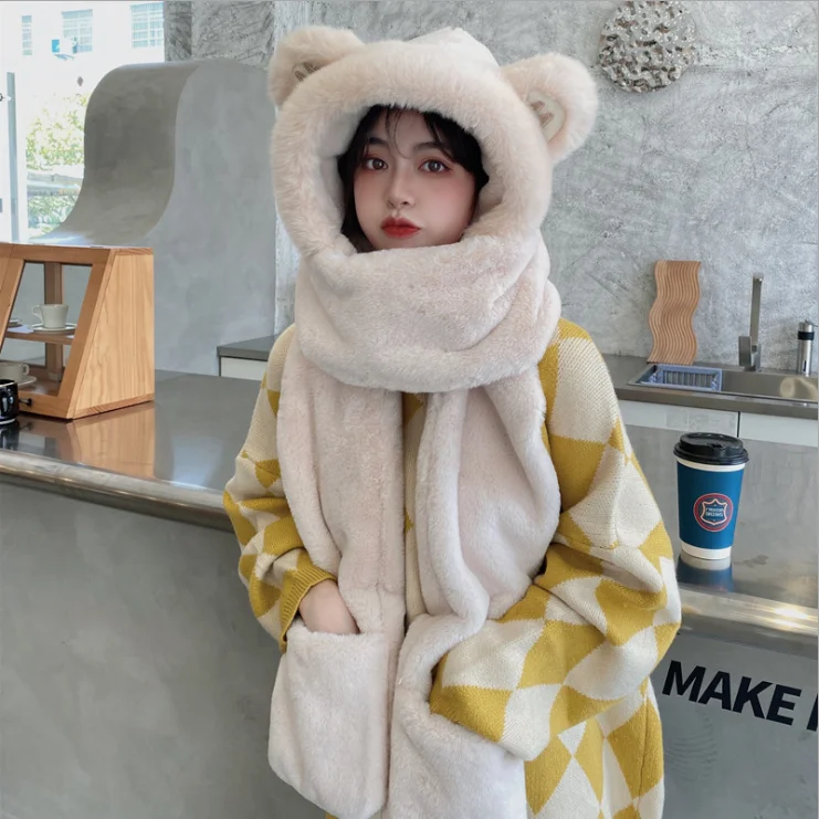 Winter scarf women 2021 new thickened warm ears baby hat  three-piece cute bib