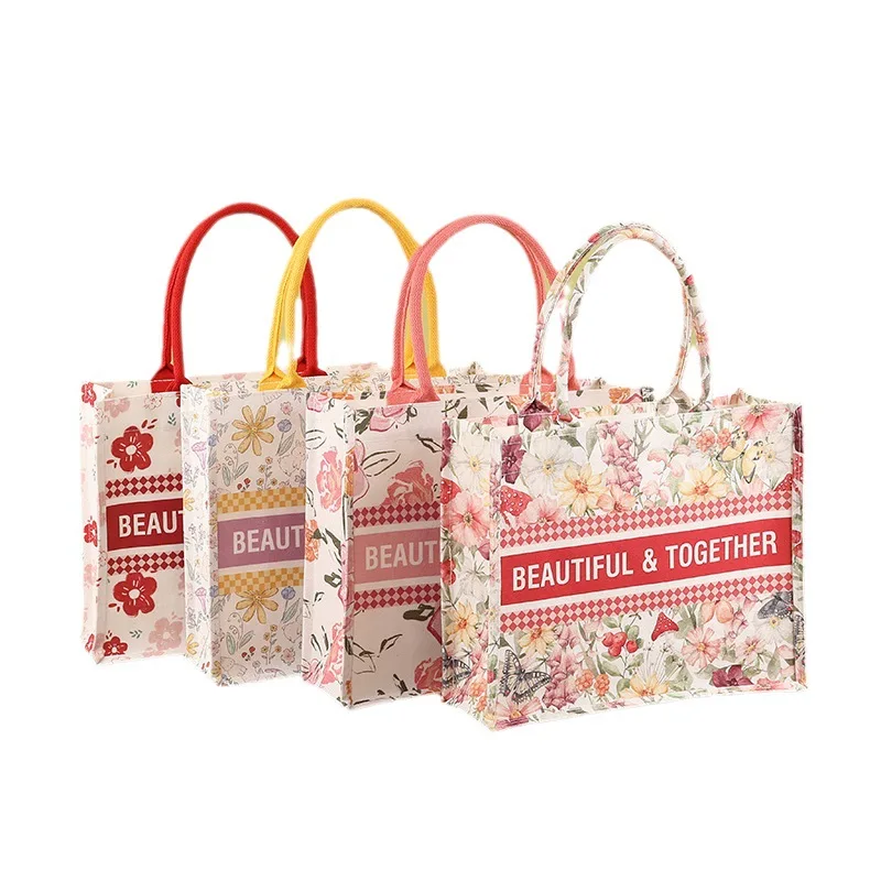 Wholesale Reusable Jute Shopping Bag Hand Stripe Wedding Gift Grocery customized Canvas Tote Linen Burlap Jute Bags