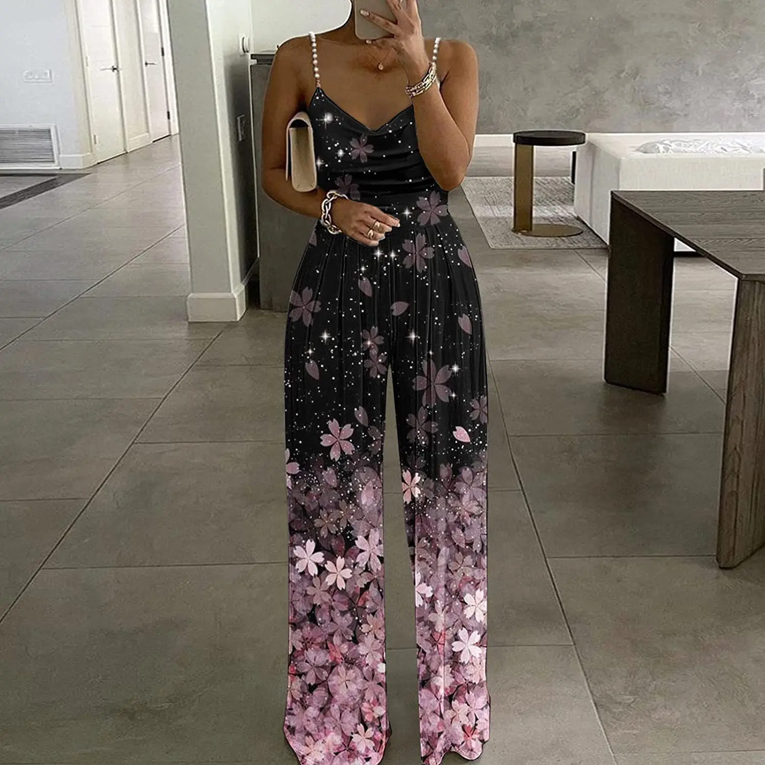 2022 New Fashion Sling Women Sleeveless Sling Print Loose Jumpsuit Summer Onesie Pants Jumpsuit One Piece Pants Casual Bodysuit