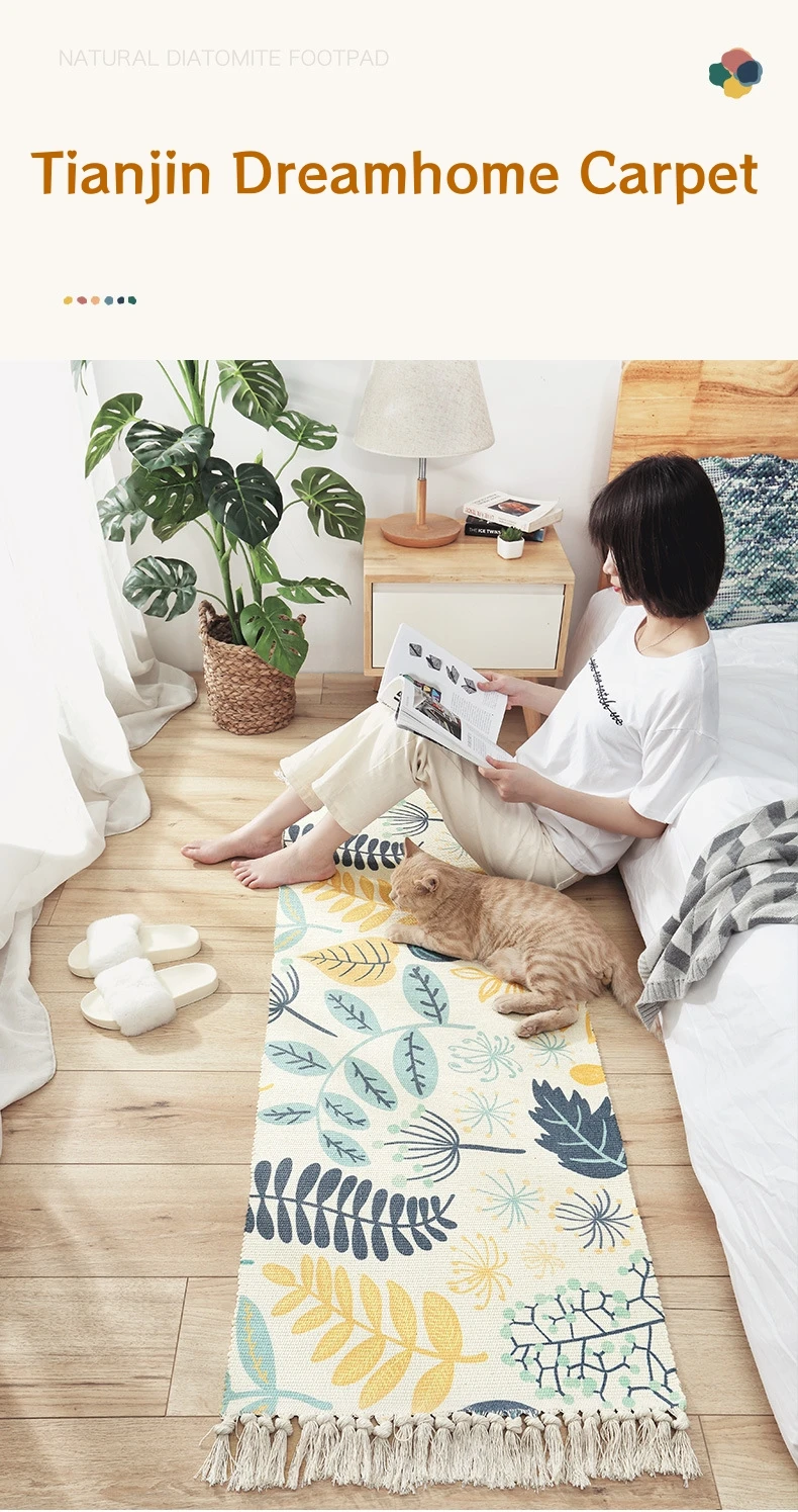 Ins Bedside Rug Carpet Cotton Linen  Mat Floor Mat with Tassels for Living Room Area Rug Doormat Cute Home