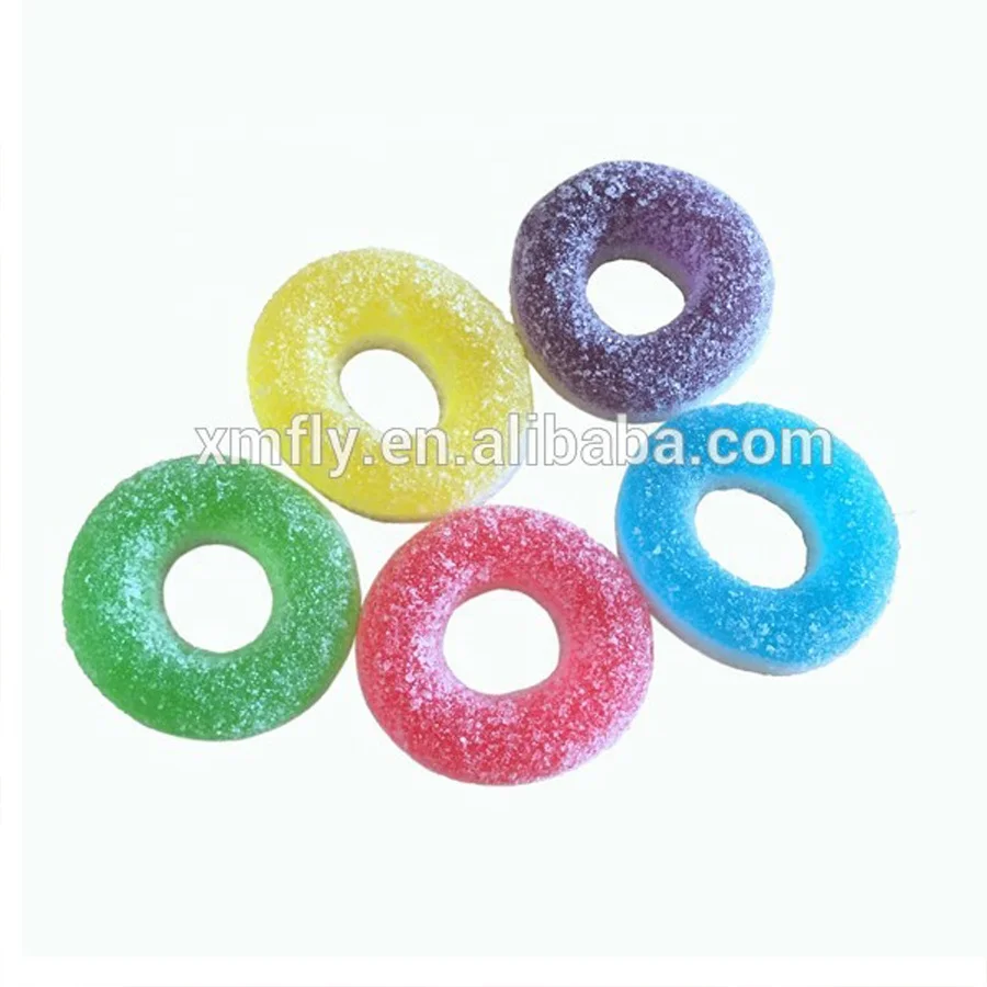 Bulk ring shape colourful sugar coated sweet fruit flour gummy chewy candy/candies