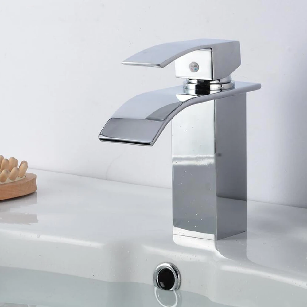 Single handle standing deck mounted hot and cold water bathroom basin mixer taps handwash waterfall basin faucet