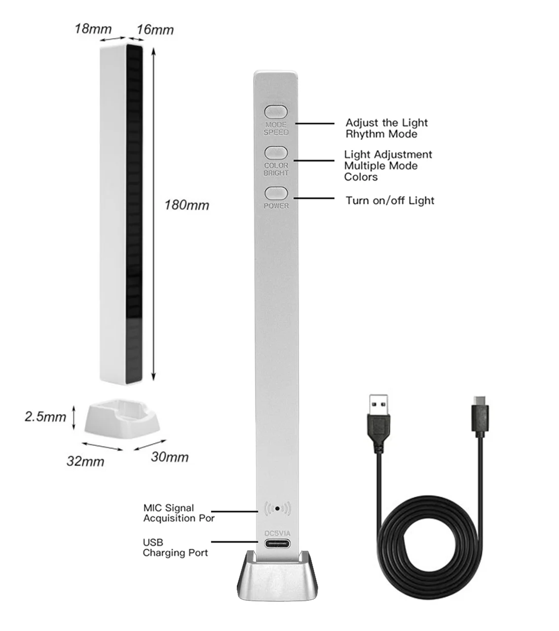 RGB Voice-Activated USB Rechargeable Car APP Sound Control Ambient Light 32 Bit Pickup Lamp Music Rhythm Gaming Table Light