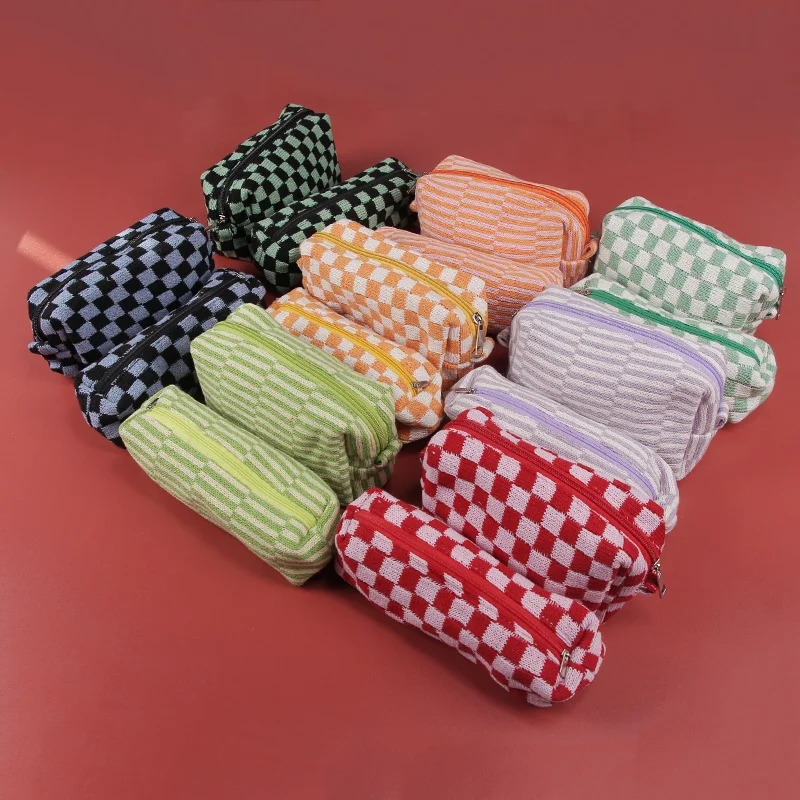 Checkered Makeup pouch 2Pcs Set Knitted Other Cosmetic Bag Manufacturers Women Toiletry Brushes Storage Make Up Bag