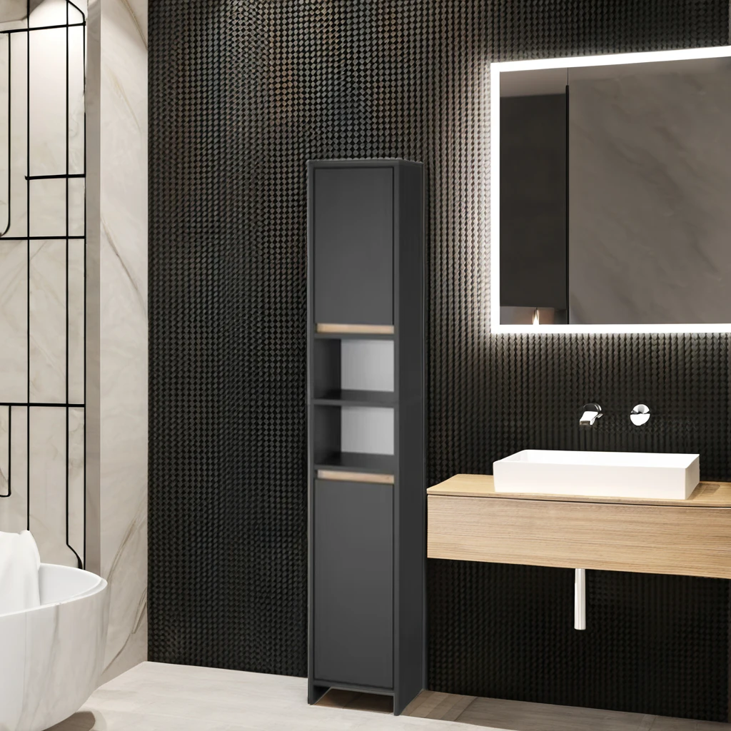 Bathroom Furniture Source Factory OEM Anthracite Grey Free Standing MDF Wood Tall Bathroom Cabinet with Doors