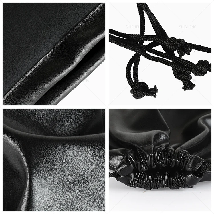SHI SHENG High Quality Small Drawstring Black Pu Leather Pouch for Cosmetics Headphones Jewelry Earplugs Gift Packaging Bag